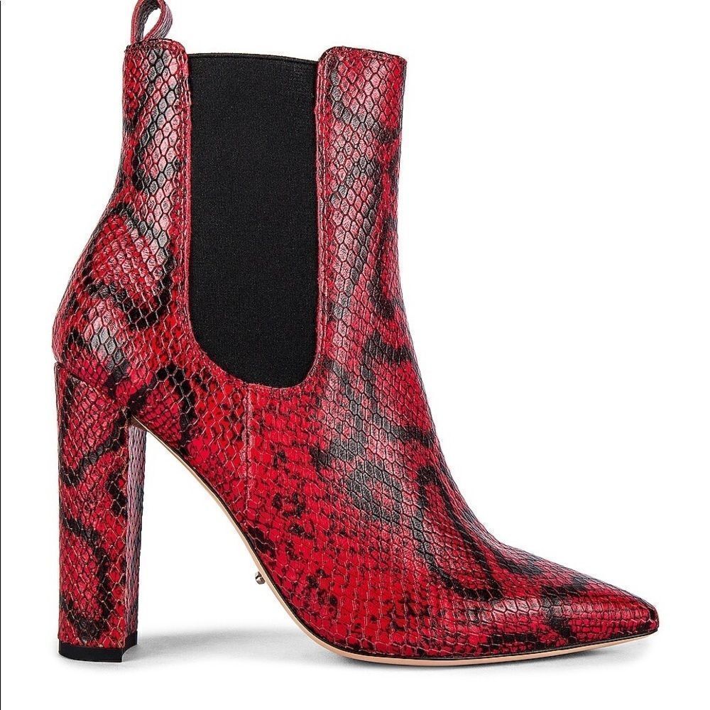 Tony Bianco Red Snake-Print Pointed Block Heel Chelsea Boots